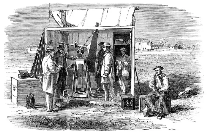 Framed Print : The Kew Photoheliograph and Temporary Observatory at Rivabellosa, near Miranda del Ebro, 1860. Creator: Unknown Framed Print : The Kew Photoheliograph and Temporary Observatory at Rivabellosa, near Miranda del Ebro, 1860. Creator: Unknown