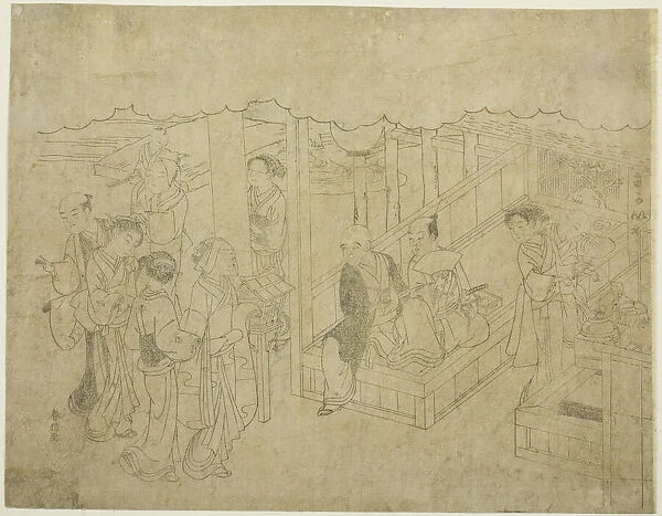 Key block print for The Introduction (Miai), the first sheet from the series 'Marriage... c. 1769. Creator: Suzuki Harunobu