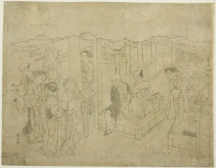 Framed Print : Key block print for The Introduction (Miai), the first sheet from the series Marriage... c. 1769. Creator: Suzuki Harunobu Framed Print : Key block print for The Introduction (Miai), the first sheet from the series Marriage... c. 1769. Creator: Suzuki Harunobu