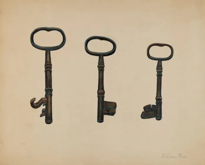 Framed Print : Keys to John Marshall House, c. 1937. Creator: Edna C. Rex Framed Print : Keys to John Marshall House, c. 1937. Creator: Edna C. Rex