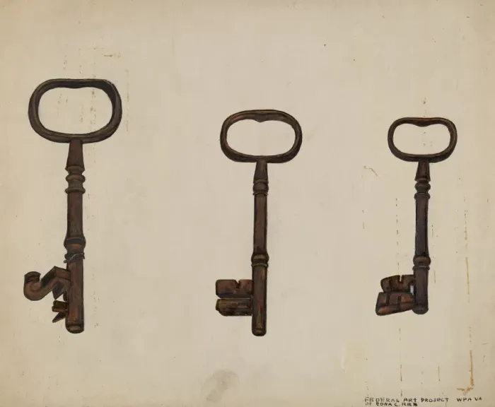 Framed Print : Keys to John Marshall House, c. 1937. Creator: Edna C. Rex Framed Print : Keys to John Marshall House, c. 1937. Creator: Edna C. Rex