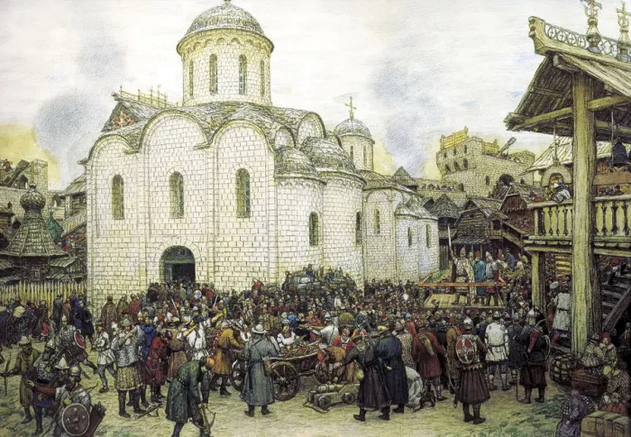 Framed Print : Khan Tokhtamyshs invasion of Moscow in 1382, 1918. Artist: Apollinary Vasnetsov Framed Print : Khan Tokhtamyshs invasion of Moscow in 1382, 1918. Artist: Apollinary Vasnetsov