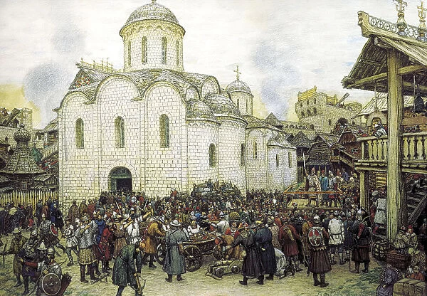Khan Tokhtamyshs invasion of Moscow in 1382, 1918. Artist: Apollinary Vasnetsov