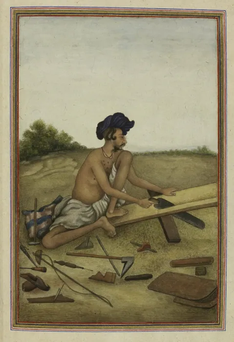 Framed Print : Khati or Tarkhan, carpenter caste of the Panjab - Man sawing a plank, 1825. Creator: Anon Framed Print : Khati or Tarkhan, carpenter caste of the Panjab - Man sawing a plank, 1825. Creator: Anon
