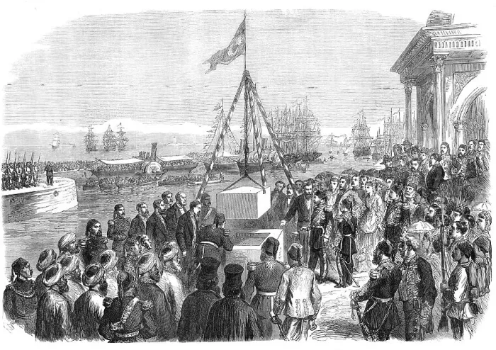 Framed Print : The Khedive of Egypt laying the first stone of the harbour works at Alexandria, 1871. Creator: Unknown Framed Print : The Khedive of Egypt laying the first stone of the harbour works at Alexandria, 1871. Creator: Unknown