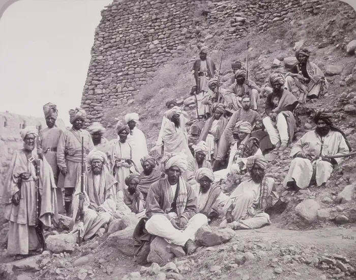 Framed Print : Khyber chiefs and khans with Captain Tucker, Jamrood Fort, Northwest Frontier Province, 1878. Creator: John Burke Framed Print : Khyber chiefs and khans with Captain Tucker, Jamrood Fort, Northwest Frontier Province, 1878. Creator: John Burke