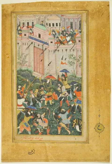 Framed Print : Kichik Beg Wounded during Baburs Attack on Qalat, from a copy of the Baburnama... c Framed Print : Kichik Beg Wounded during Baburs Attack on Qalat, from a copy of the Baburnama... c