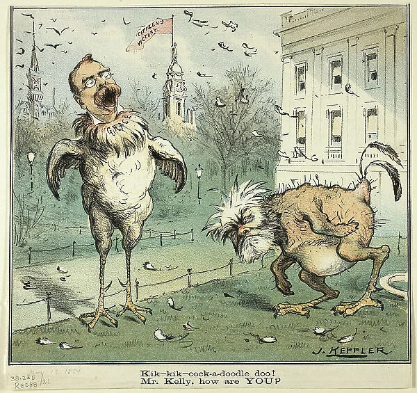 Kik-kik-cock-a-doodle doo! Mr. Kelly, how are YOU?, from Puck, published November 12, 1884. Creator: Joseph Keppler