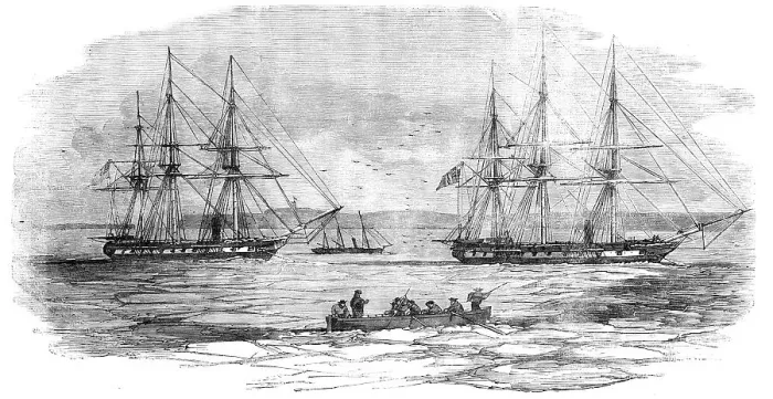 Framed Print : Kinburn - the Curacoa and Tribune Steam-frigates, and Beagle Gun-boat, in the Ice, 1856. Creator: Unknown. Kinburn - the Curacoa and Tribune Steam-frigates, and Beagle Gun-boat, in the Ice, 1856
