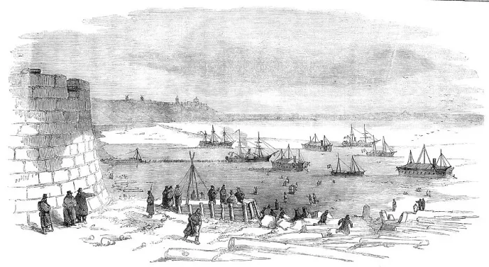 Framed Print : Kinburn Fort, and the Spit of Otchakoff - the Expeditionary Fleet in the Ice, 1856. Creator: Unknown Framed Print : Kinburn Fort, and the Spit of Otchakoff - the Expeditionary Fleet in the Ice, 1856. Creator: Unknown