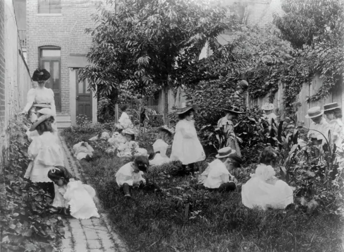 Framed Print : Kindergarten in a vegetable garden, Washington, D.C. (1899?). Creator: Frances Benjamin Johnston Framed Print : Kindergarten in a vegetable garden, Washington, D.C. (1899?). Creator: Frances Benjamin Johnston