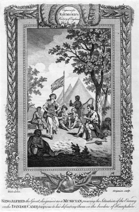 Framed Print : King Alfred the Great, disguised as a musician... (19th century).Artist: Grignion Framed Print : King Alfred the Great, disguised as a musician... (19th century).Artist: Grignion