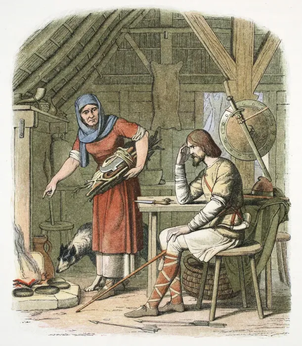 Framed Print : King Alfred in the neatherds cottage c878 (1864). Artist: James William Edmund Doyle Framed Print : King Alfred in the neatherds cottage c878 (1864). Artist: James William Edmund Doyle