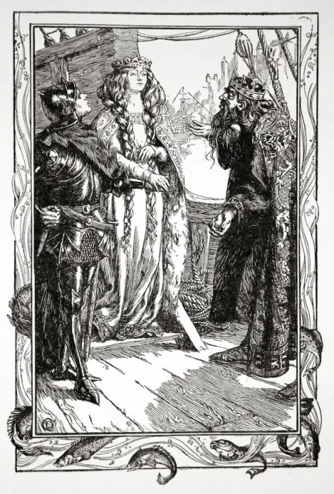Framed Print : King Anguish gives Isolt to Sir Tristram, 1905. Artist: Dora Curtis Framed Print : King Anguish gives Isolt to Sir Tristram, 1905. Artist: Dora Curtis