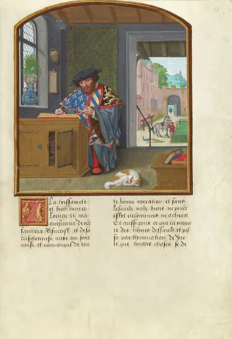 Framed Print : The King of Arms of the Order of the Golden Fleece Writing about Jacques de Lalaing, about 1530. Creator: Simon Bening Framed Print : The King of Arms of the Order of the Golden Fleece Writing about Jacques de Lalaing, about 1530. Creator: Simon Bening