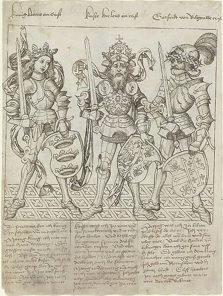 King Arthur, Charlemagne and Godfrey of Boulogne, 1492. Creator: Master of the Strassburg Chronicle