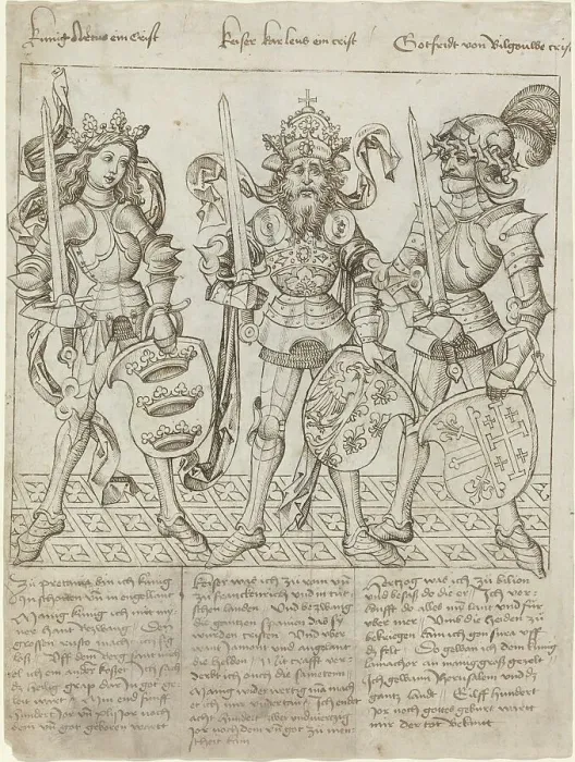 Framed Print : King Arthur, Charlemagne and Godfrey of Boulogne, 1492. Creator: Master of the Strassburg Chronicle Framed Print : King Arthur, Charlemagne and Godfrey of Boulogne, 1492. Creator: Master of the Strassburg Chronicle