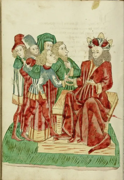 Framed Print : King Avenir Converses with his Courtiers; Barlaam und Josaphat, 1469. Creators: Hans Schilling, Diebolt Lauber Framed Print : King Avenir Converses with his Courtiers; Barlaam und Josaphat, 1469. Creators: Hans Schilling, Diebolt Lauber