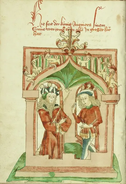 Framed Print : King Avenir Converses with Josaphat; Barlaam und Josaphat, 1469. Creators: Hans Schilling, Diebolt Lauber Framed Print : King Avenir Converses with Josaphat; Barlaam und Josaphat, 1469. Creators: Hans Schilling, Diebolt Lauber