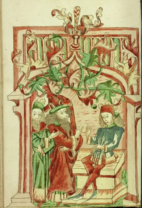 Framed Print : King Avenir and a Doctor come to Josaphat; Barlaam und Josaphat, 1469. Creators: Hans Schilling, Diebolt Lauber Framed Print : King Avenir and a Doctor come to Josaphat; Barlaam und Josaphat, 1469. Creators: Hans Schilling, Diebolt Lauber