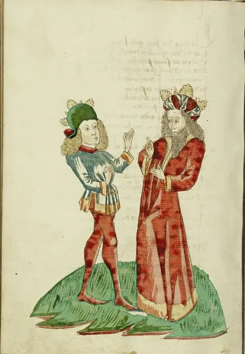 Framed Print : King Avenir and Josaphat in Conversation; Barlaam und Josaphat, 1469. Creators: Hans Schilling, Diebolt Lauber Framed Print : King Avenir and Josaphat in Conversation; Barlaam und Josaphat, 1469. Creators: Hans Schilling, Diebolt Lauber