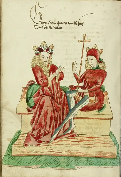 Framed Print : King Avenir and Josaphat in Conversation; Barlaam und Josaphat, 1469. Creators: Hans Schilling, Diebolt Lauber Framed Print : King Avenir and Josaphat in Conversation; Barlaam und Josaphat, 1469. Creators: Hans Schilling, Diebolt Lauber