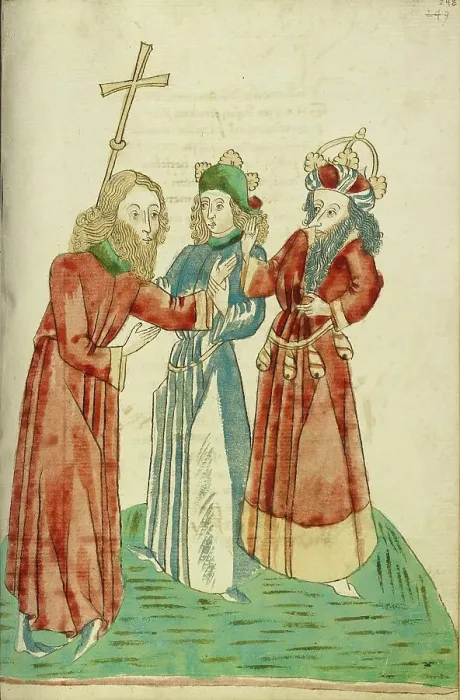 Framed Print : King Avenir and Josaphat Converse with Nachor; Barlaam und Josaphat, 1469. Creators: Hans Schilling, Diebolt Lauber Framed Print : King Avenir and Josaphat Converse with Nachor; Barlaam und Josaphat, 1469. Creators: Hans Schilling, Diebolt Lauber