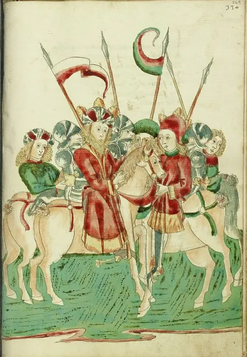 Framed Print : King Avenir and Josaphat Meet on Horseback, with Attendants; Barlaam und Josaphat, 1469. Creators: Hans Schilling, Diebolt Lauber Framed Print : King Avenir and Josaphat Meet on Horseback, with Attendants; Barlaam und Josaphat, 1469. Creators: Hans Schilling, Diebolt Lauber