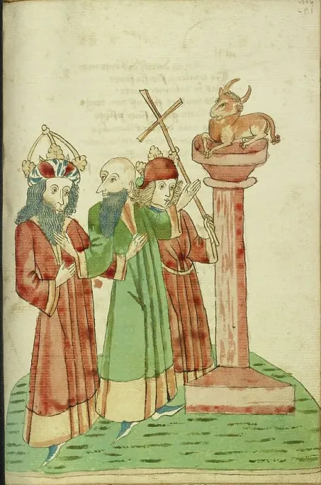 Framed Print : King Avenir, Josaphat, and Nachor Behold the Golden Calf; Barlaam und Josaphat, 1469. Creators: Hans Schilling, Diebolt Lauber Framed Print : King Avenir, Josaphat, and Nachor Behold the Golden Calf; Barlaam und Josaphat, 1469. Creators: Hans Schilling, Diebolt Lauber