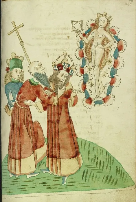 Framed Print : King Avenir, Josaphat, and a Pagan Scholar Behold the Personification of Venus, 1469. Creators: Hans Schilling, Diebolt Lauber Framed Print : King Avenir, Josaphat, and a Pagan Scholar Behold the Personification of Venus, 1469. Creators: Hans Schilling, Diebolt Lauber