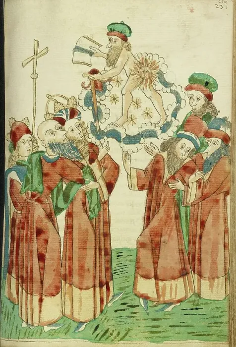 Framed Print : King Avenir, Josaphat and the Pagan Scholars Behold the Personification of Saturn, 1469. Creators: Hans Schilling, Diebolt Lauber Framed Print : King Avenir, Josaphat and the Pagan Scholars Behold the Personification of Saturn, 1469. Creators: Hans Schilling, Diebolt Lauber