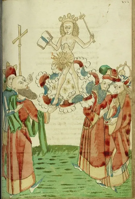 Framed Print : King Avenir, Josaphat and the Pagan Scholars Behold the Sun God in the Clouds, 1469. Creators: Hans Schilling, Diebolt Lauber Framed Print : King Avenir, Josaphat and the Pagan Scholars Behold the Sun God in the Clouds, 1469. Creators: Hans Schilling, Diebolt Lauber