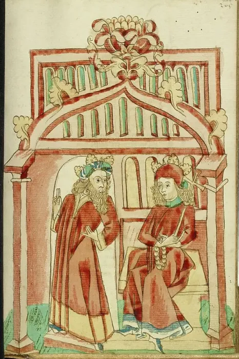 Framed Print : King Avenir Leaving the Enthroned Josaphat; Barlaam und Josaphat, 1469. Creators: Hans Schilling, Diebolt Lauber Framed Print : King Avenir Leaving the Enthroned Josaphat; Barlaam und Josaphat, 1469. Creators: Hans Schilling, Diebolt Lauber