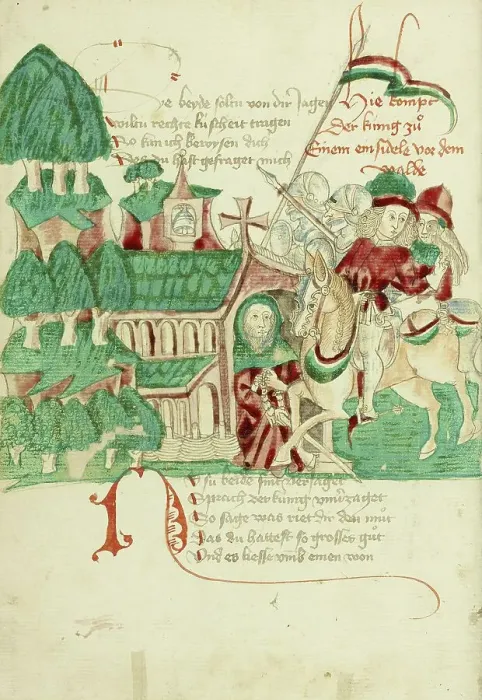 Framed Print : King Avenir Meeting the Hermit; Barlaam und Josaphat, 1469. Creators: Hans Schilling, Diebolt Lauber Framed Print : King Avenir Meeting the Hermit; Barlaam und Josaphat, 1469. Creators: Hans Schilling, Diebolt Lauber