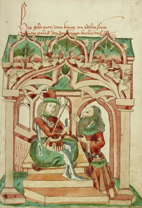 Framed Print : King Avenir Receiving Barlaam's Precious Gem; Barlaam und Josaphat, 1469. Creators: Hans Schilling, Diebolt Lauber Framed Print : King Avenir Receiving Barlaam's Precious Gem; Barlaam und Josaphat, 1469. Creators: Hans Schilling, Diebolt Lauber