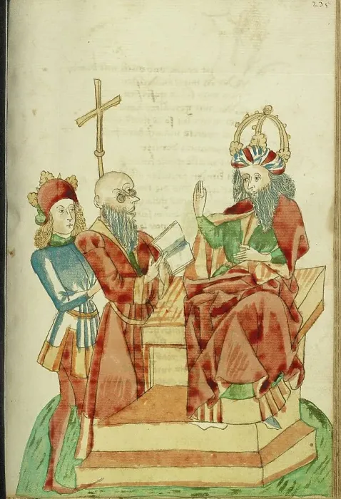Framed Print : King Avenir Speaks to a Pagan Scholar in Josaphat's Presence; Barlaam und Josaphat, 1469. Creators: Hans Schilling, Diebolt Lauber Framed Print : King Avenir Speaks to a Pagan Scholar in Josaphat's Presence; Barlaam und Josaphat, 1469. Creators: Hans Schilling, Diebolt Lauber