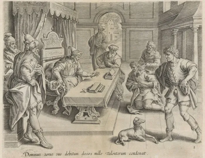 Framed Print : The King Cancelling his Servants Debt, from the Parable of the Unmerciful Servant, bound... 1585. Creator: Anon Framed Print : The King Cancelling his Servants Debt, from the Parable of the Unmerciful Servant, bound... 1585. Creator: Anon