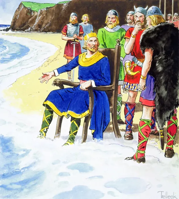Framed Print : King Canute failing to hold back the waves, early 11th century (c1900). Artist: Trelleek Framed Print : King Canute failing to hold back the waves, early 11th century (c1900). Artist: Trelleek