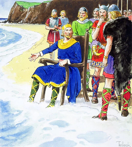King Canute failing to hold back the waves, early 11th century (c1900). Artist: Trelleek