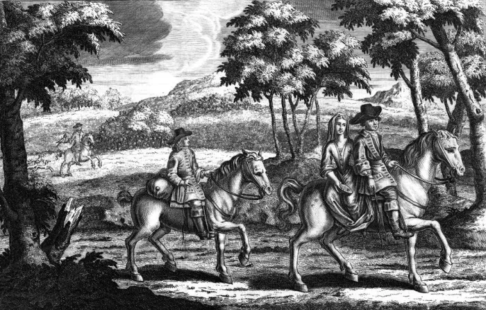 Framed Print : King Charles the 2nd in Disguise rideing before Mrs Lane... (early 18th century) Framed Print : King Charles the 2nd in Disguise rideing before Mrs Lane... (early 18th century)
