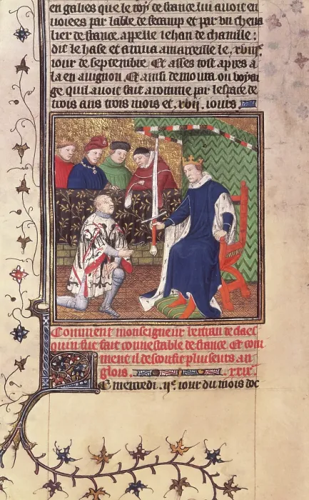 Framed Print : King Charles V of France presenting the sword of Constable of France to Bertrand du Guesclin, c1415. Creator: Workshop of the Boucicaut Master Framed Print : King Charles V of France presenting the sword of Constable of France to Bertrand du Guesclin, c1415. Creator: Workshop of the Boucicaut Master