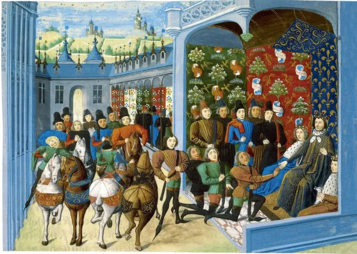 Framed Print : King Charles VI of France receives the English envoys. From the Jean Froissarts Chroniques, before Artist: Master of the Harley Froissart (active 1460-1470) Framed Print : King Charles VI of France receives the English envoys. From the Jean Froissarts Chroniques, before Artist: Master of the Harley Froissart (active 1460-1470)