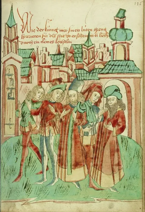Framed Print : The King with His Court Strolling Outside the City Sees a Light in a Door Aperture, 1469. Creators: Hans Schilling, Diebolt Lauber Framed Print : The King with His Court Strolling Outside the City Sees a Light in a Door Aperture, 1469. Creators: Hans Schilling, Diebolt Lauber