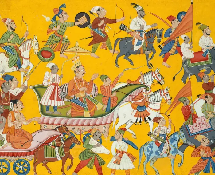 Framed Print : King Dasaratha and His Retinue Proceed to Ramas Wedding: Folio from the Shangri Framed Print : King Dasaratha and His Retinue Proceed to Ramas Wedding: Folio from the Shangri