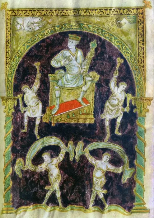 Framed Print : King David enthroned, dancers, end of 9th century (890-900), Abbey of St Gall Framed Print : King David enthroned, dancers, end of 9th century (890-900), Abbey of St Gall