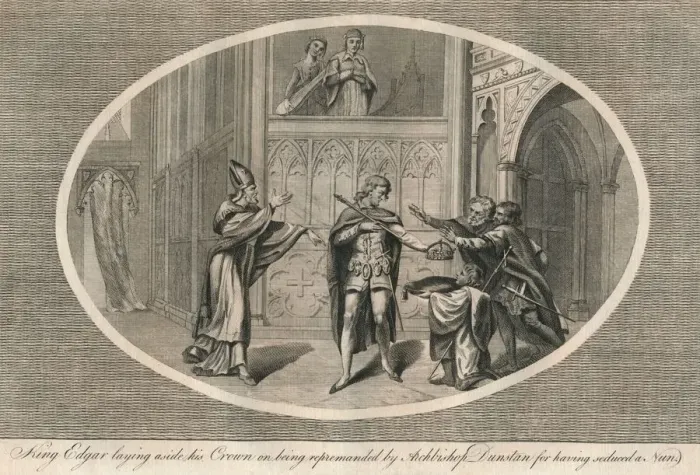 Framed Print : King Edgar laying aside his crown on being repremanded by Archbishop Dunstan, c960s (1793) Framed Print : King Edgar laying aside his crown on being repremanded by Archbishop Dunstan, c960s (1793)