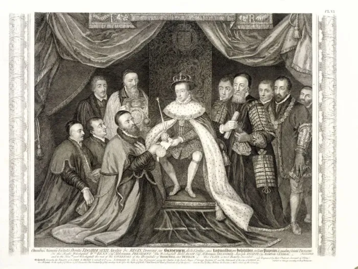 Framed Print : King Edward VI signing a charter, 1552, (1750). Artist: George Vertue Framed Print : King Edward VI signing a charter, 1552, (1750). Artist: George Vertue