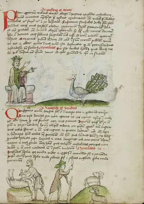 Framed Print : A King Enthroned Speaking to a Peacock: A Shepherd Killing a Ram... third quarter of 15th century. Creator: Unknown Framed Print : A King Enthroned Speaking to a Peacock: A Shepherd Killing a Ram... third quarter of 15th century. Creator: Unknown