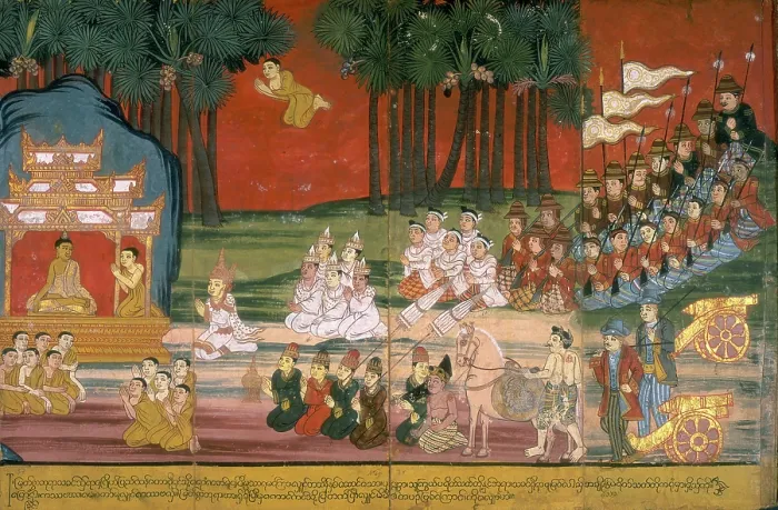 Framed Print : A king and his entourage kneel before Buddha, 19th century. Creator: Anon Framed Print : A king and his entourage kneel before Buddha, 19th century. Creator: Anon