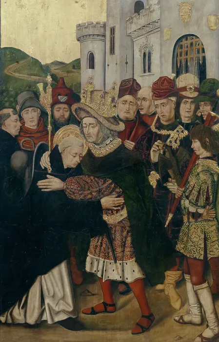 Framed Print : King Ferdinand I of Castile welcomed Saint Dominic of Silos, 1478-1480. Artist: Bermejo, Bartolome (ca 1440-ca 1498) Framed Print : King Ferdinand I of Castile welcomed Saint Dominic of Silos, 1478-1480. Artist: Bermejo, Bartolome (ca 1440-ca 1498)